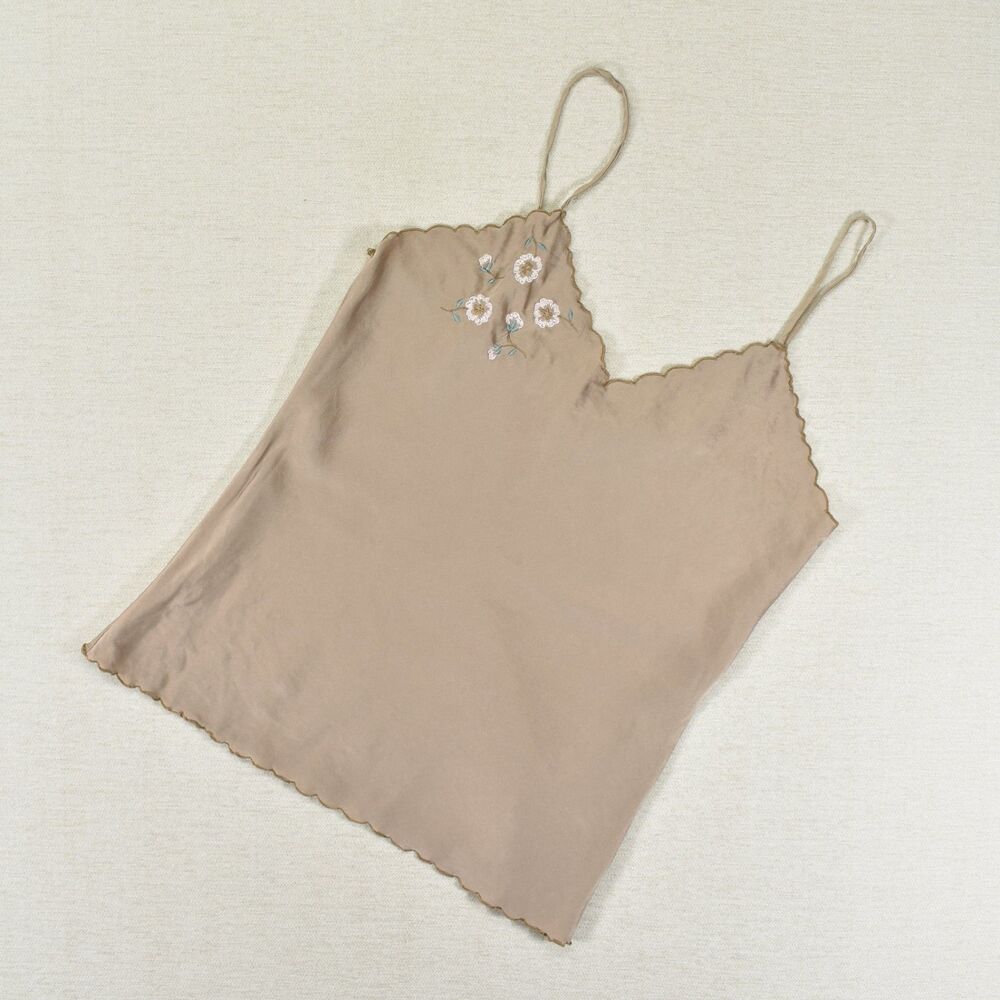 Vintage Neiman Marcus Womens Large Beige Embroidered Silk Cami Tank Top Blouse